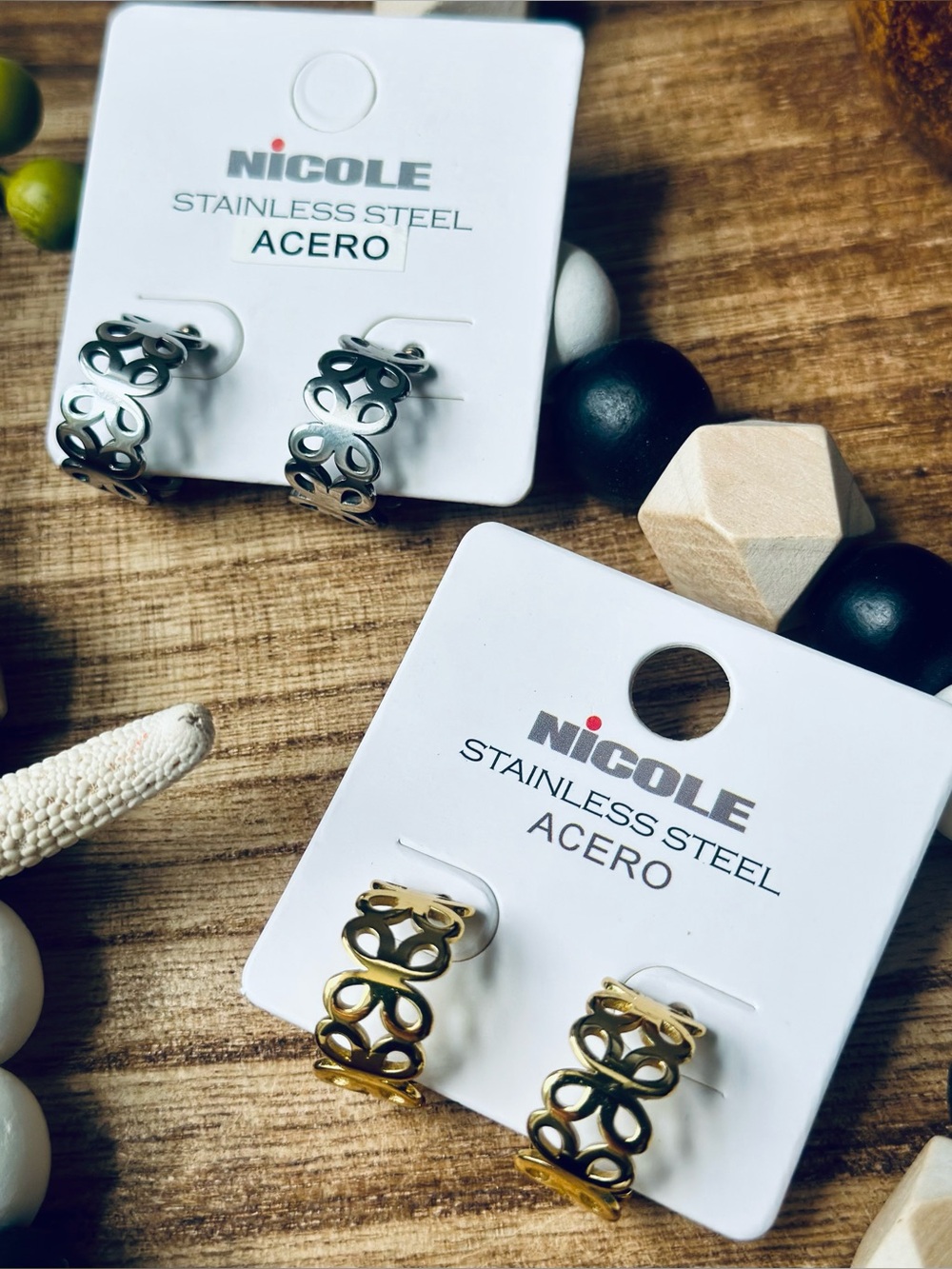 NWT Nicole 2 Pairs Huggies Floral Hoop Earrings Silver & Gold Stainless Steel
